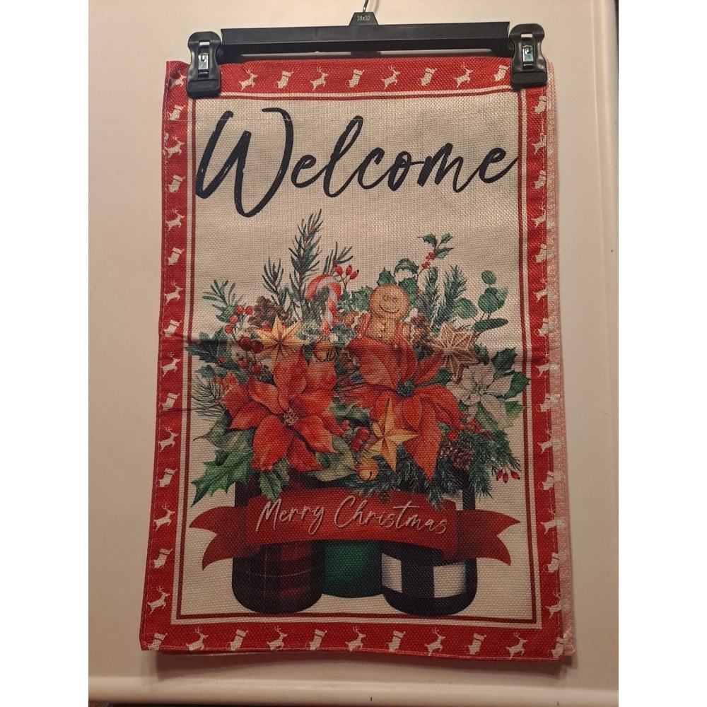 NEW 1pc Double Sided Welcome Merry Christmas Garden Flag 12x18  Flowers And Jars